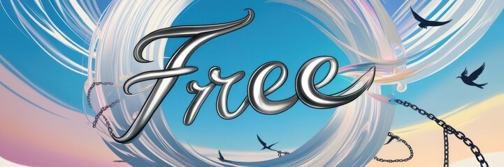 word Free against a radiant sky with beams of light emanating from a glowing sun. Promotion website banner