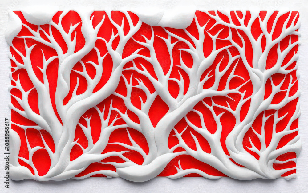 Poster the image features intricate white trees against a vibrant red background, creating a striking visua
