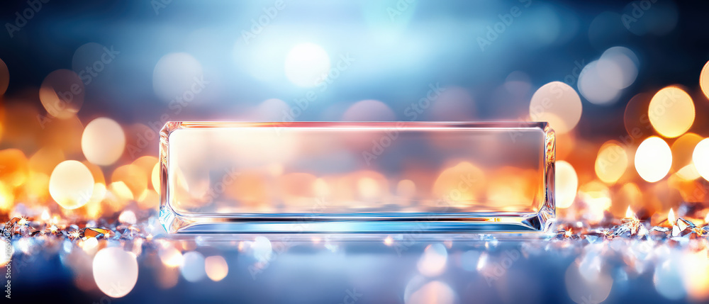 Poster a sparkling, blurred background highlights a clear glass object, creating an elegant and modern ambi