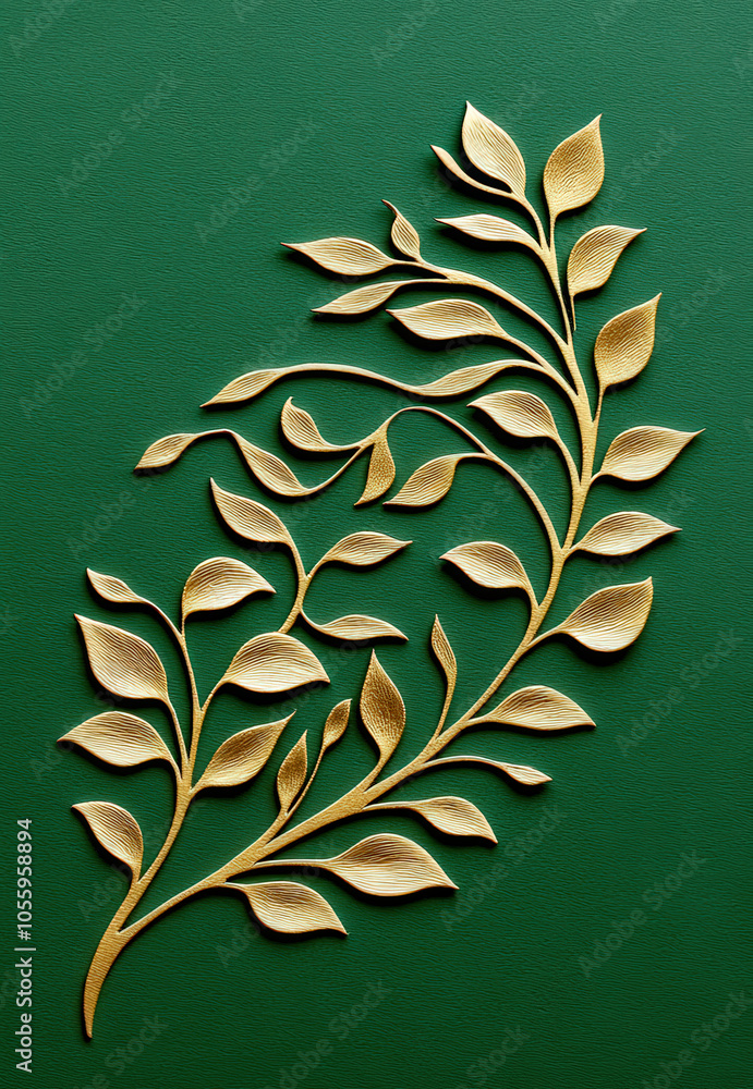 Poster a delicate golden leaf design against a deep green background, showcasing intricate patterns and cra