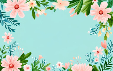 Obraz premium A floral border featuring pink flowers and green leaves on a light blue background, creating a decorative frame.