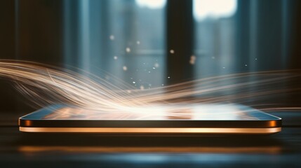 A tablet with a blurry image of a wave on it