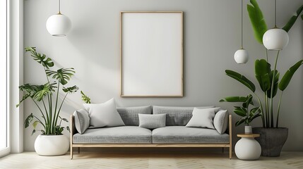 Modern Interior of Stylish Living Room ,Wall Mock Up, Frame , Poster with Beautiful Background, 3d render