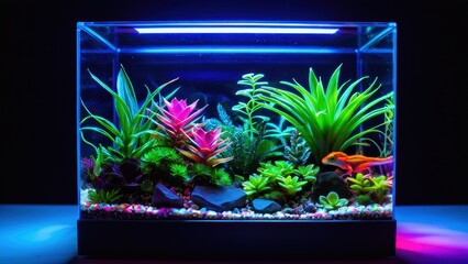 A vibrant terrarium inside a glass bowl featuring colorful succulents and exotic plants, illuminated under bright neon lighting.