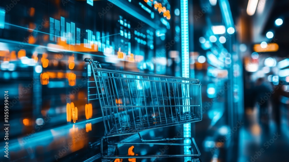Poster shopping cart in a futuristic retail environment with data overlay