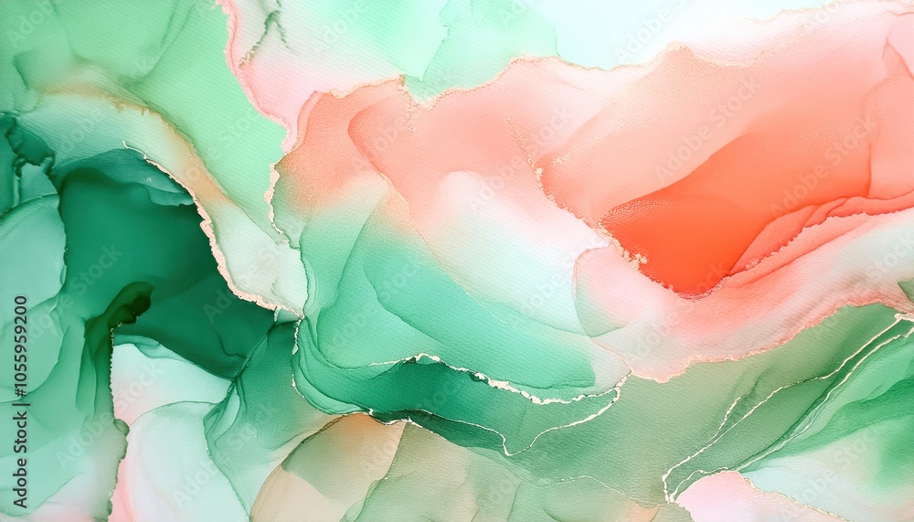 Wall mural abstract fluid art with soft green and coral tones, creating a serene and calming background.