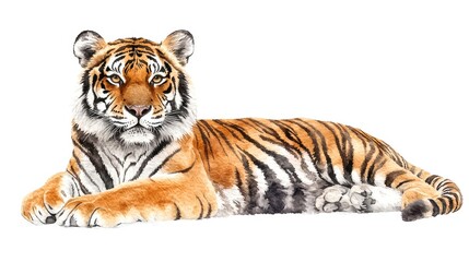 A majestic tiger lounging gracefully, showcasing its striking orange and black stripes.