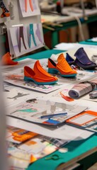 Fototapeta premium Creative Shoe Design Studio with Colorful Fabric Samples and Design Boards for Innovative Footwear Concepts