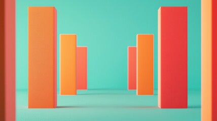 A vibrant abstract scene featuring tall, colorful blocks arranged against a turquoise background.