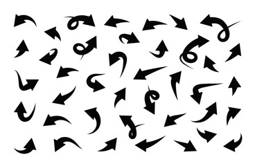 Black bold Arrows hand drawn set. Collection of doodle pointer in different directions. Isolated vector lines design.