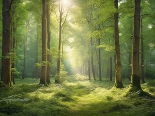 Obraz premium Sunlight in a green forest. Forest sunbeam. Ray of sunlight in forest green. Mossy forest sunbeam