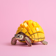 Tortoise with shell transformed into diced mango segments, against soft pink background, symbolizing tropical beach food. Minimal concept of slow effect of weight loss fruit diet.