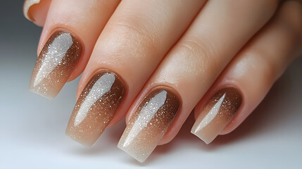 detailed view of beautifully manicured nails with gradient brown design and glossy finish, highlighting modern nail art and stylish elegance. manicured nails with gradient