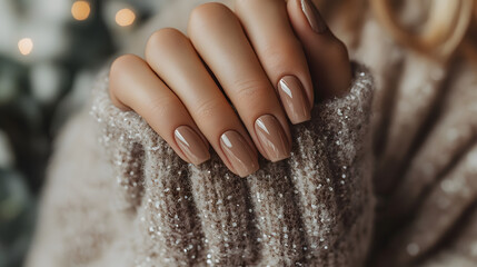 close-up of hand with neutral-toned manicured nails, gently resting against soft, cozy sweater, evoking warmth and elegance in relaxed setting. hand with neutral-toned manicured nails
