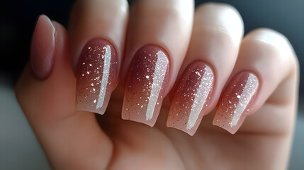 close-up of manicured nails featuring soft gradient design with delicate glitter accents, combining simplicity and elegance for a refined look. manicured nails featuring soft gradient design 