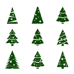 Green Christmas Trees vector illustration icon set, Isolate Christmas Decoration graphic elements, Celebration cut out clip art, Pine Tree for Banner and Patterns design