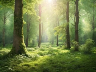 Obraz premium Sunlight in a green forest. Forest sunbeam. Ray of sunlight in forest green. Mossy forest sunbeam