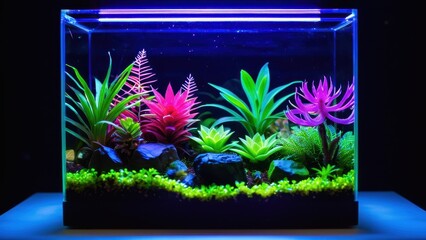 A vibrant terrarium inside a glass bowl featuring colorful succulents and exotic plants, illuminated under bright neon lighting.