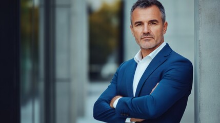 A man in a blue suit and white shirt stands with his arms crossed