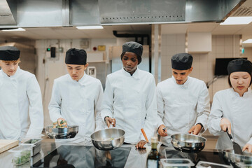 Male and female trainees with saucepans preparing food in culinary school