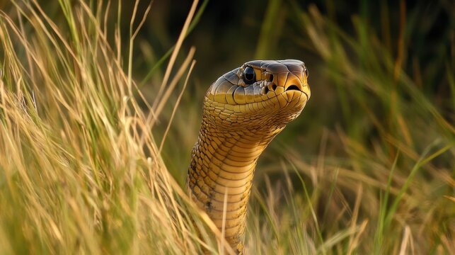 A king cobra slithering through tall grass, its head elevated as it scans the surroundings in a hunting posture.