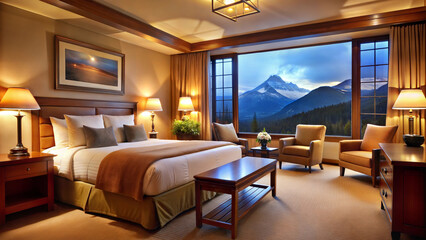 Cozy hotel room with a large bed, warm light and panoramic windows with mountain views, cozy bedroom