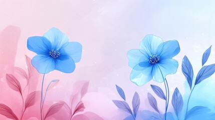 Obraz premium Delicate blue and pink flowers with soft leaves on a dreamy pastel background.