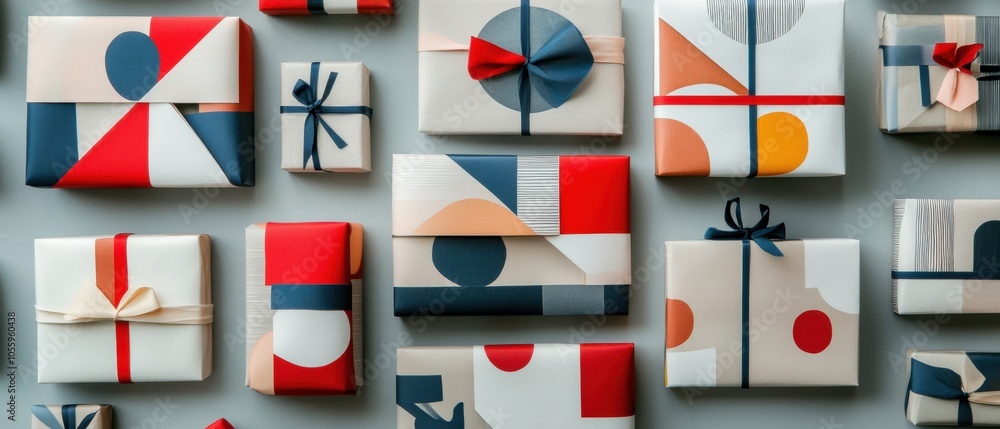 Poster a row of presents with different designs and colors
