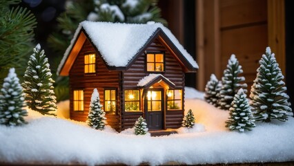 A miniature winter landscape in a glass sphere, with a glowing cabin and snowy trees, evoking the charm of a snowy night.