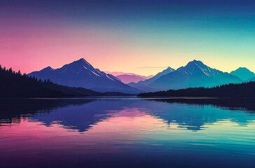 Silhouette of Distant Mountains and a Lake watercolor vector painting art illustration
