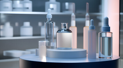  selection of skincare bottles, including serums and dropper bottles, arranged on a round pedestal in a minimalist, modern setting with soft lighting skincare bottle mockup