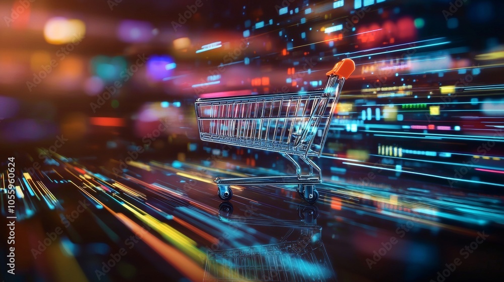 Aufkleber shopping cart moving through a digital data environment with colorful lights