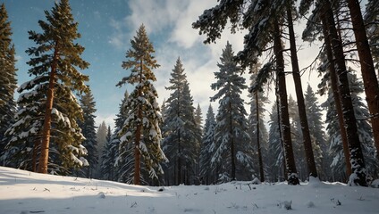 Fototapeta premium Tall, snow-covered pine trees in a snowy forest. Sunlight filters through the trees.