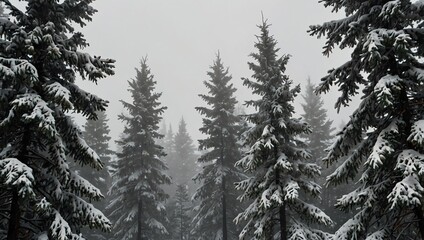 Fototapeta premium Snowy, dark evergreen trees stand close together in a misty landscape.