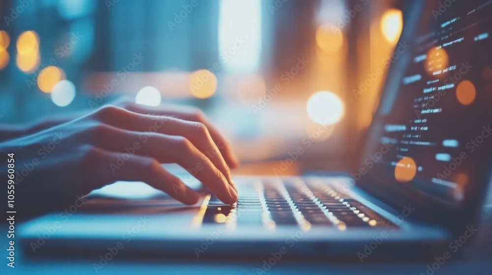 Poster Hands typing on a laptop keyboard with code displayed on the screen in a dimly lit setting.