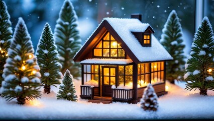 A miniature winter landscape in a glass sphere, with a glowing cabin and snowy trees, evoking the charm of a snowy night.