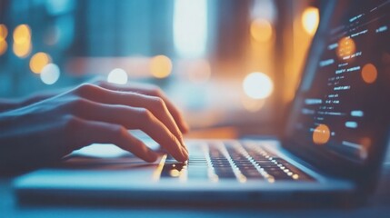 Hands typing on a laptop keyboard with code displayed on the screen in a dimly lit setting.