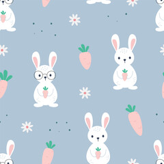 Obraz premium Seamless pattern with cute white rabbit and carrots. Cartoon animal. Kids texture for textile, fabric, apparel, wrapping, paper, stationery, nursery, baby product