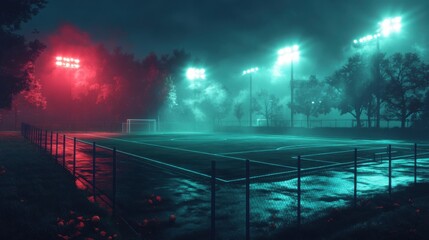 Bright Stadium Floodlights Illuminating a Soccer Field Perfect for Sports Promotions and Coverage