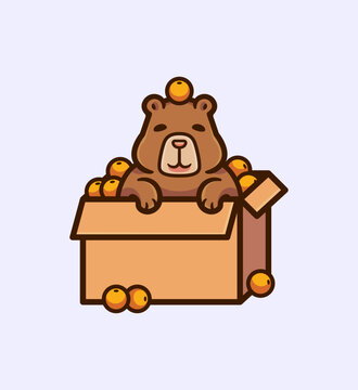 Capybara Enjoying a Box Filled with Ripe Oranges for Whimsical and Cheerful Illustration in a Cute Cartoon Style