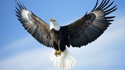 Obraz premium A majestic bald eagle soaring against a clear blue sky, its wings fully spread.