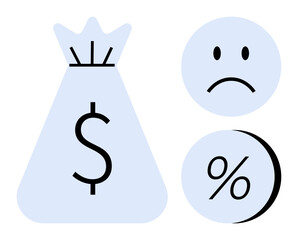 Money bag printed with dollar sign, sad face, and percentage symbol. Ideal for finance, banking, economic downturns, loans, debt, interest rates, market analysis. Line metaphor