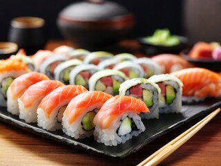 Hand using chopsticks to pick up a sushi roll off of a platter.
