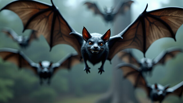 A group of bats in mid-flight, each bat detailed with sharp wings and tiny fangs