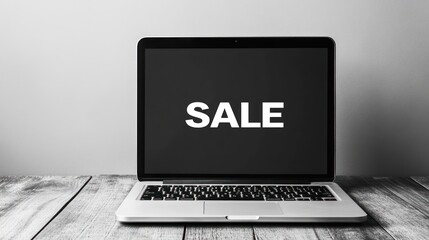 This minimalist design features a black and white outline of a laptop set against a white background. The screen displays the word SALE creating a striking visual for Cyber Monday promotions