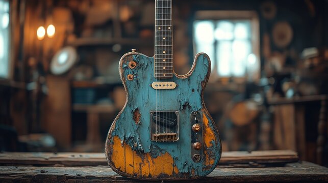 A vintage blue electric guitar with worn paint and a distressed finish, displayed on a wooden workbench in a rustic workshop.