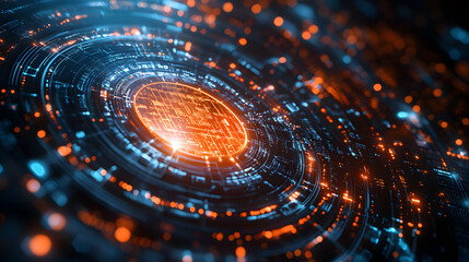 Close-up of a digital core emitting vibrant orange and blue lights, surrounded by circular, interconnected data patterns, symbolizing technology and energy