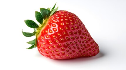 Fresh strawberry with vibrant color and green leaves, white isolate background