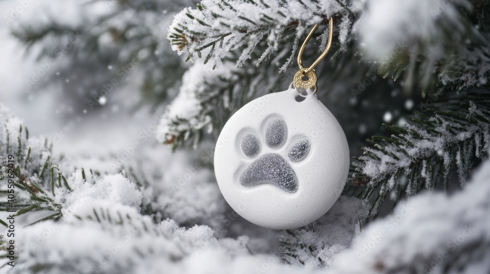 Poster a white ornament with a paw print on it hangs on a tree branch covered in snow