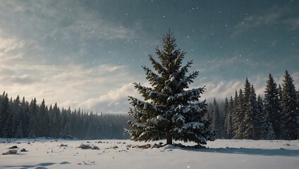 Fototapeta premium A snow-covered Christmas tree stands in a snowy field, surrounded by a dark forest. Cloudy sky.